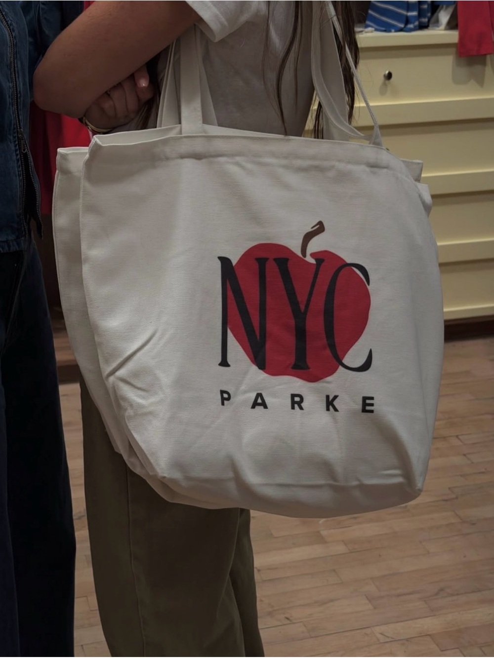 NYC Parker Cream Canvas Tote with Red Apple Graphic